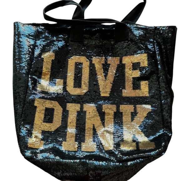 Victoria’s Secret Pink allover sequins tote bag black gold summer - Picture 4 of 5